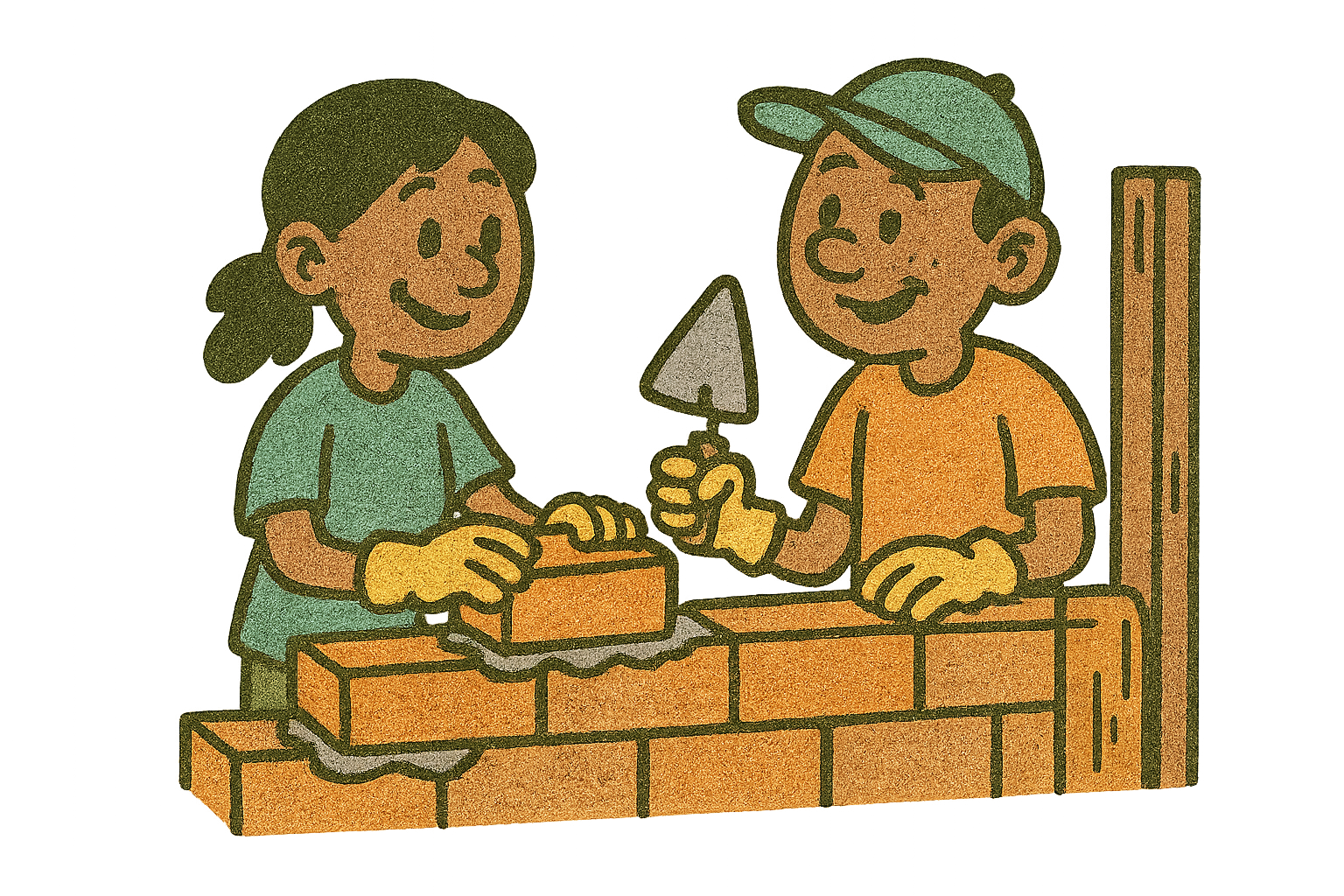 Two people laying bricks